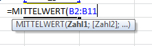 Eingabe Mittelwert Formel in Excel