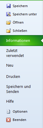 Menüpunkte des Karteireiters Datei in Excel