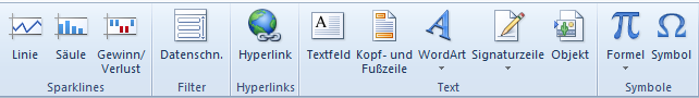 Teil des Karteireiters Einfügen in Microsoft Excel 2010