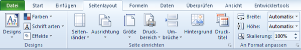 Linker Teil des Excel Menüs Seitenlayout