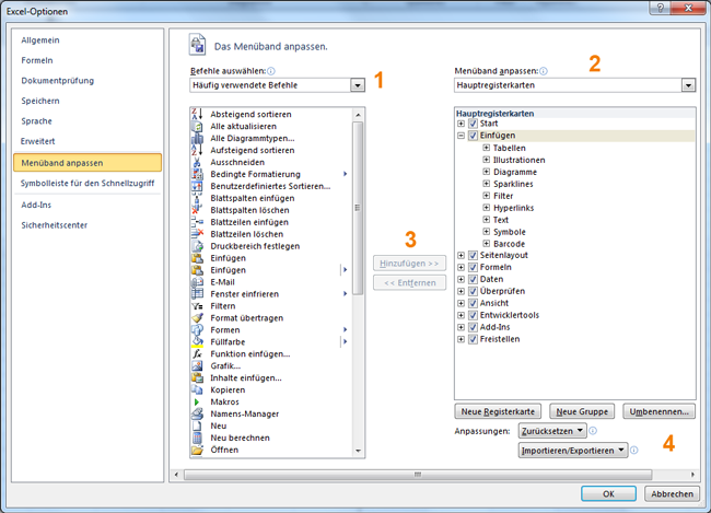 Excel Menüband anpassen - Übersicht