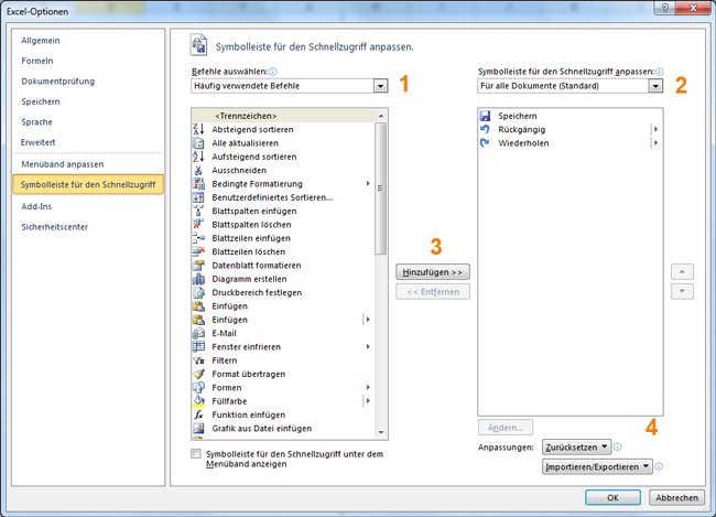 Optionen zur Anpassung der Schnellstartleiste in MS Excel