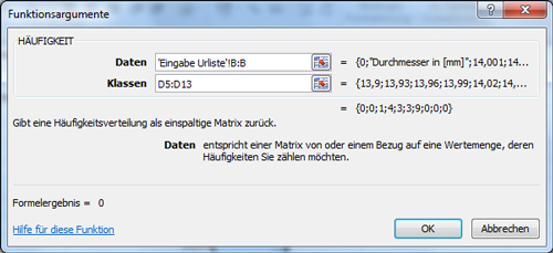 Funktionsfenster für Häufigkeitsfunktion in Excel