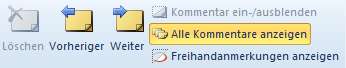 Befehle für Kommentare in einer Excel Tabelle