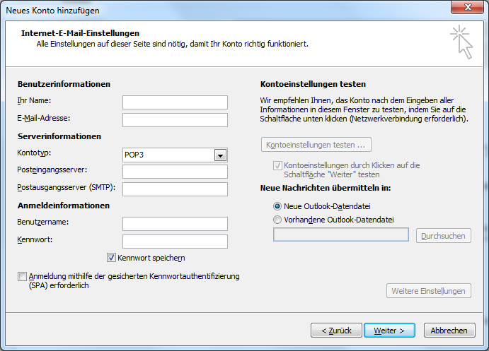 Eingabe Zugangsdaten neues POP3 EMailkonto in Outlook