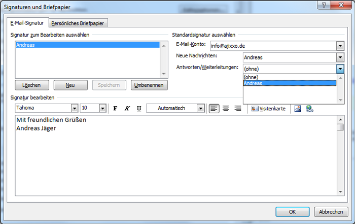 Signatur einem Outlook Konto zuordnen