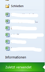 Excel Menü mit Schnellzugriff auf die letzten Tabellen