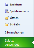 Excel Menü ohne Schnellzugriff auf Excel Tabellen