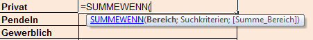 Eingabe der Formel der summewenn Funktion in Excel